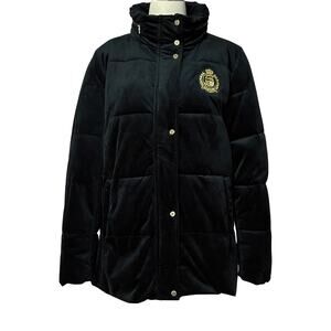 Lauren Ralph Lauren Black Velvet Puffer Jacket Gold Crest Quilted Coat